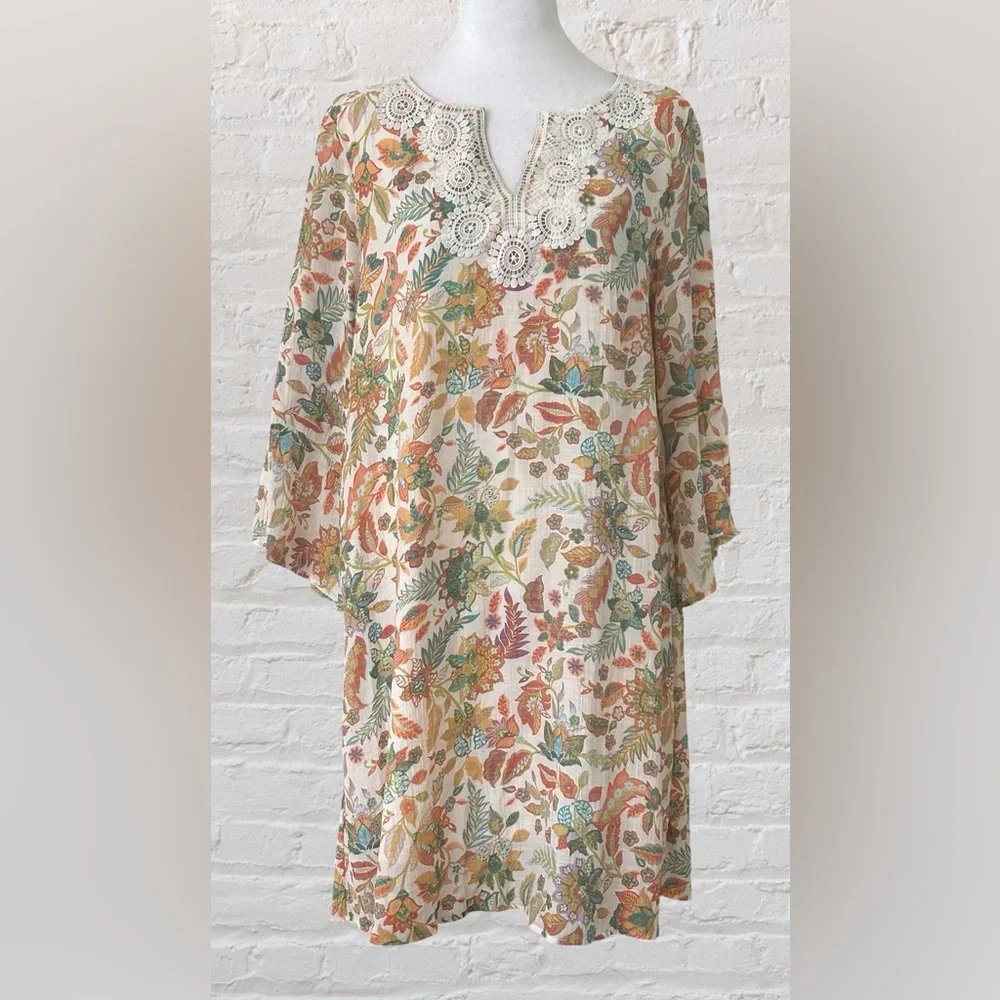 Robert Louis Brown Yellow Floral Shift Dress Sz M Bohemian Hippie Garden Tea - Picture 2 of 7